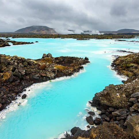 Wide angle view of the landscape at the Blue Lagoon in Iceland, Europe.